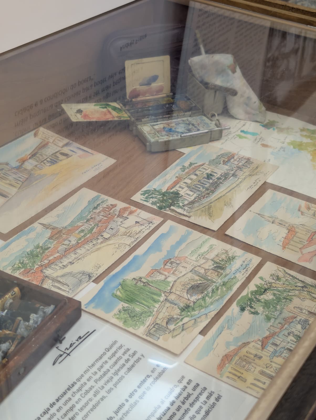 Vitrina con acuarelas y la caja de acuarelas del artista